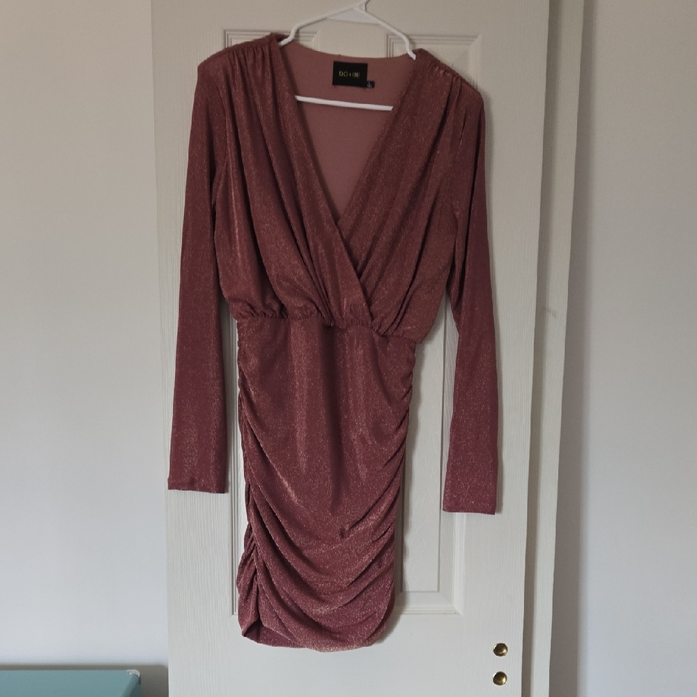 Long-Sleeve Rose Pink Wrap Ruched Dress